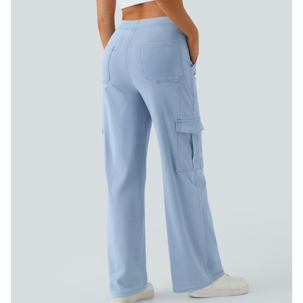 Halara Flex Mid Rise Pockets Straight Leg Casual Cargo Jeans Blue Small NWT